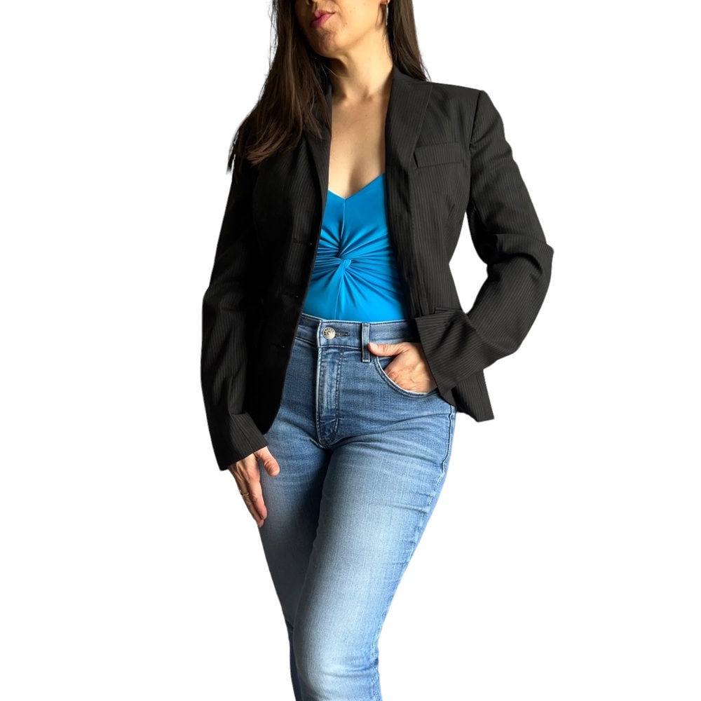 Max Studio Women Black Wool Pinstripe Blazer Jacket, Size 4
